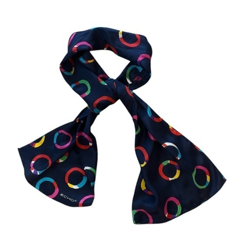 ECHO | Vintage navy blue designer silk scarf w/ colorful rings design